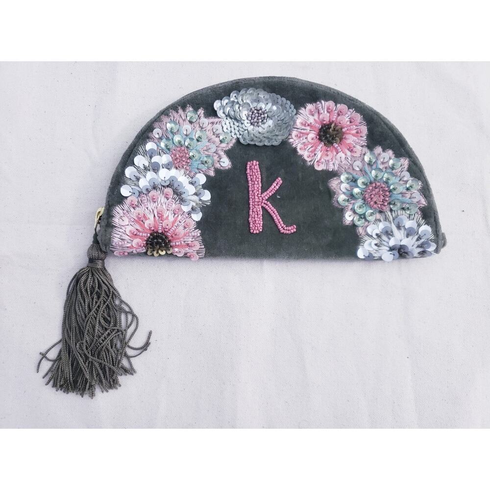 Anthropologie Anna Harlow Russo K Leather Monogram Pouch Clutch Purse Handbag